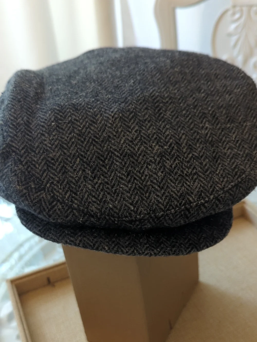 Vintage Sima Int. 100% Pure Wool Herringbone Skipper Cap Hat Black Grey  XL